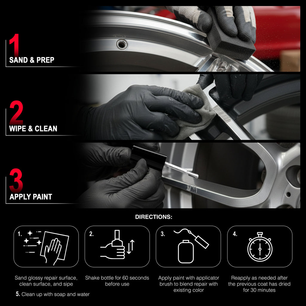 Rim Touch Up Paint Kit, Repair Scratches, Chips - 3 Colors Gloss Black, Matte Black, Silver