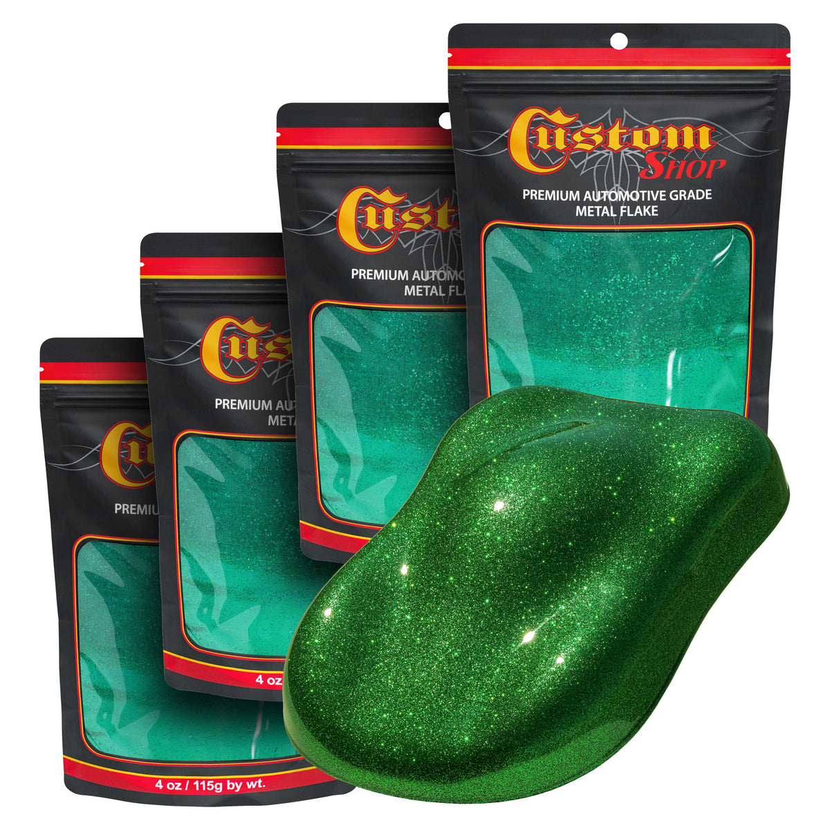 Metal Flake for Automotive Paint, Emerald Green, 4oz (4 Pack) 16oz Total, Standard .015" Metal Flakes for Car Paints, UV Resistant Glitter Paint