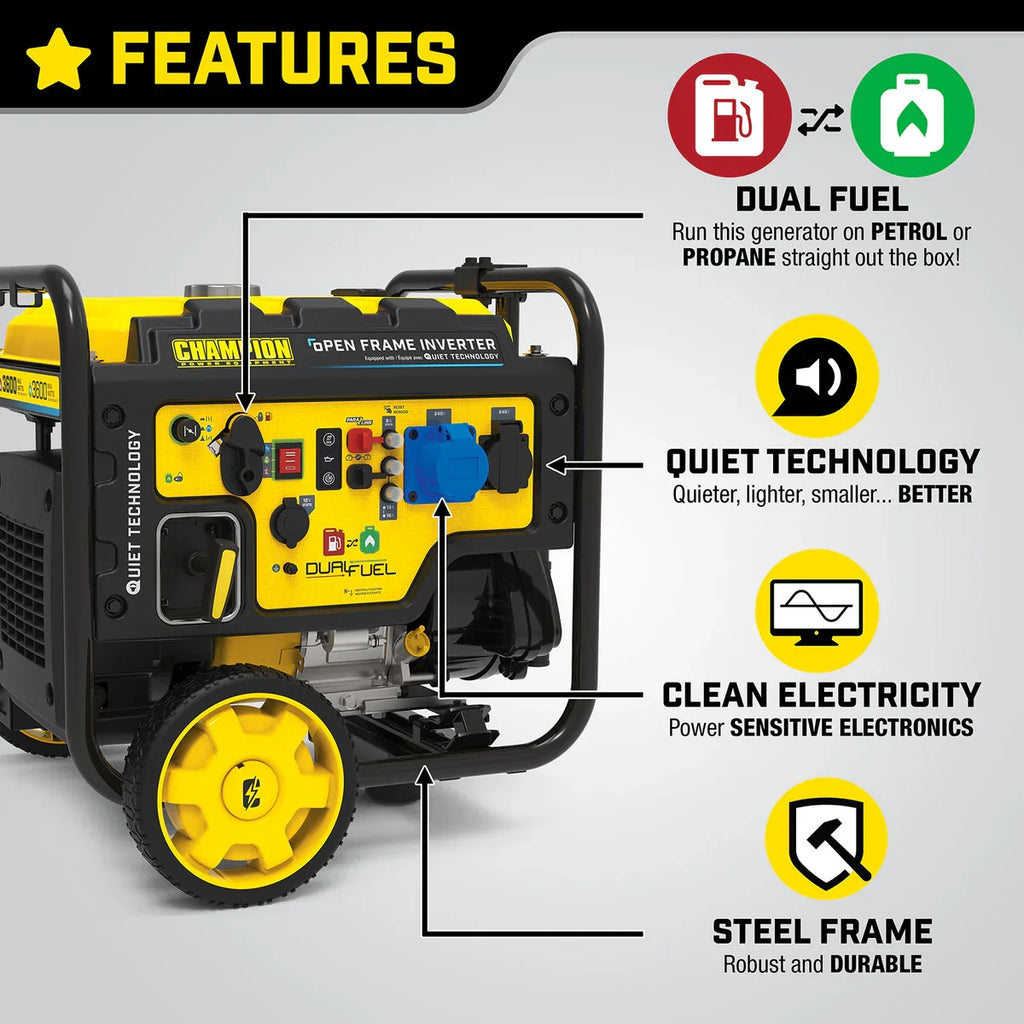 Champion 3600 Watt Digital Hybrid Frame Type Inverter Dual Fuel