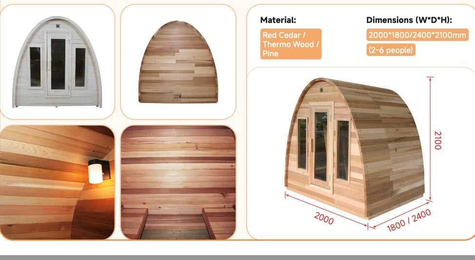Outdoor Pod Sauna with Wood Burning Stove — Red Cedar / Thermo Wood / Pine | 2-6 Person