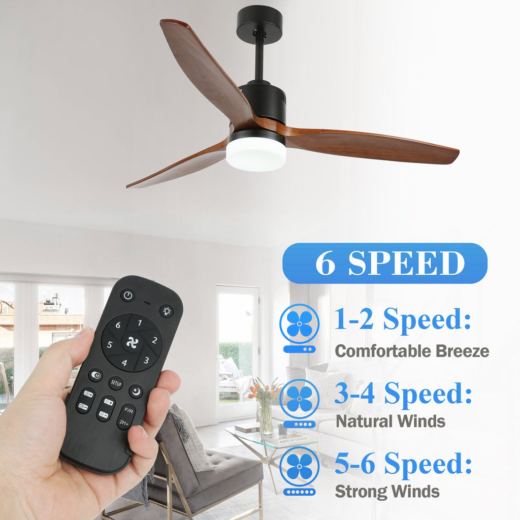 52 Inch 3 Wooden Blades Ceiling Fan with Dimmable LED Light and Remote, 6 Speeds DC Motor Reversible Ceiling Fan for Living Room