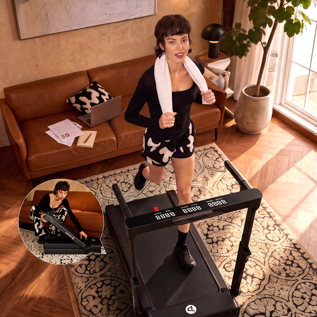 DeerRun Flex Fold 1 Fold-in-Half Treadmill With Handrail for Walking & Jogging