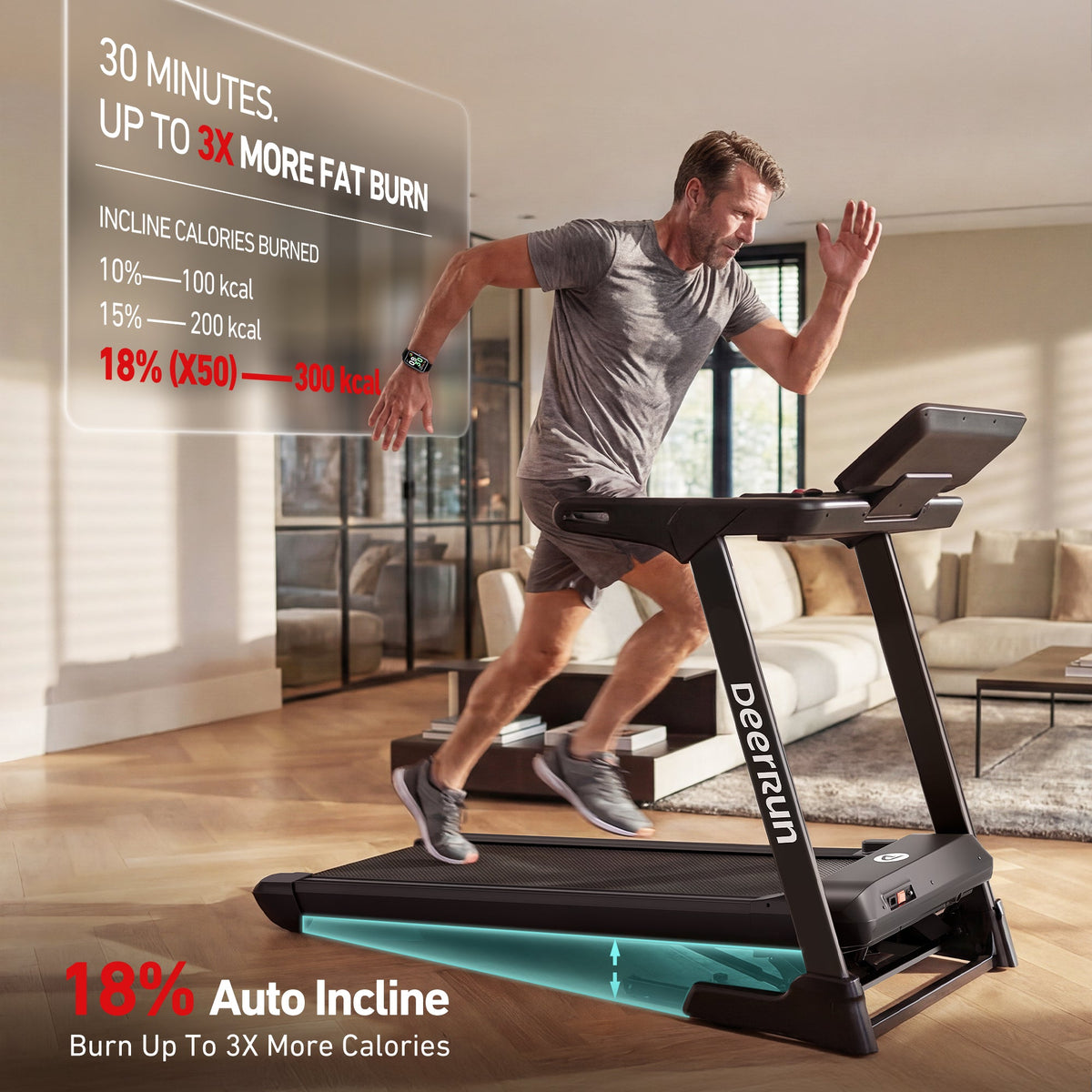 DeerRun X50 18% Auto Incline Big Screen AI Coach Smart Treadmill | 12.5 mph, 400 lbs Capacity