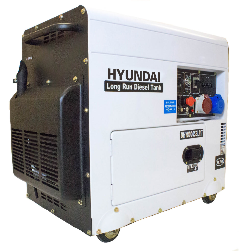 Hyundai DHY8000SELR-T Diesel Generator, 5.5kW Single/3-Phase, 230V/400V, Long-Run Tank, Silenced, 3000rpm Air-Cooled