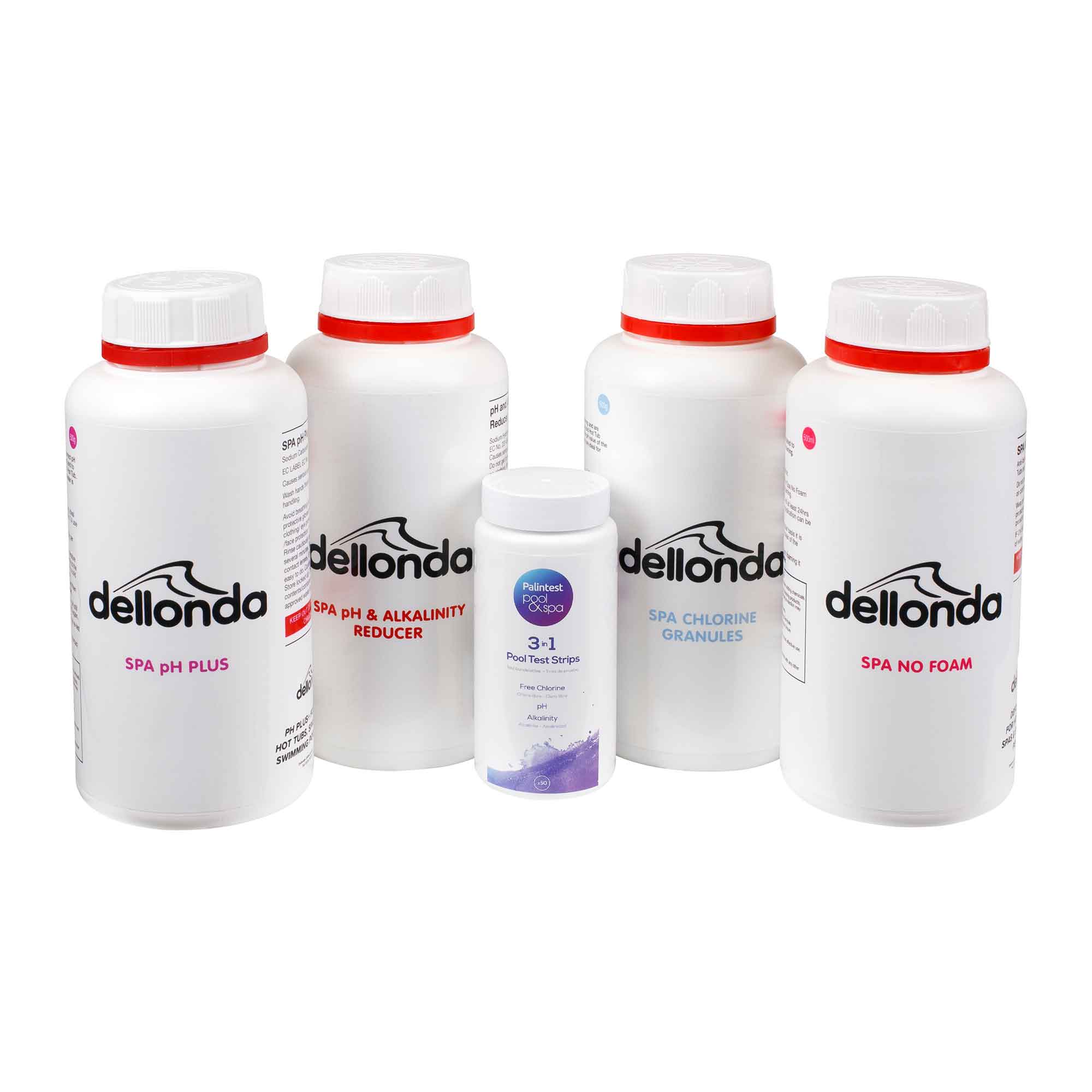 Dellonda Hot Tub Starter Kit - Chlorine, pH Increaser, Dry Acid, Foam Down & Test Strips - DL62