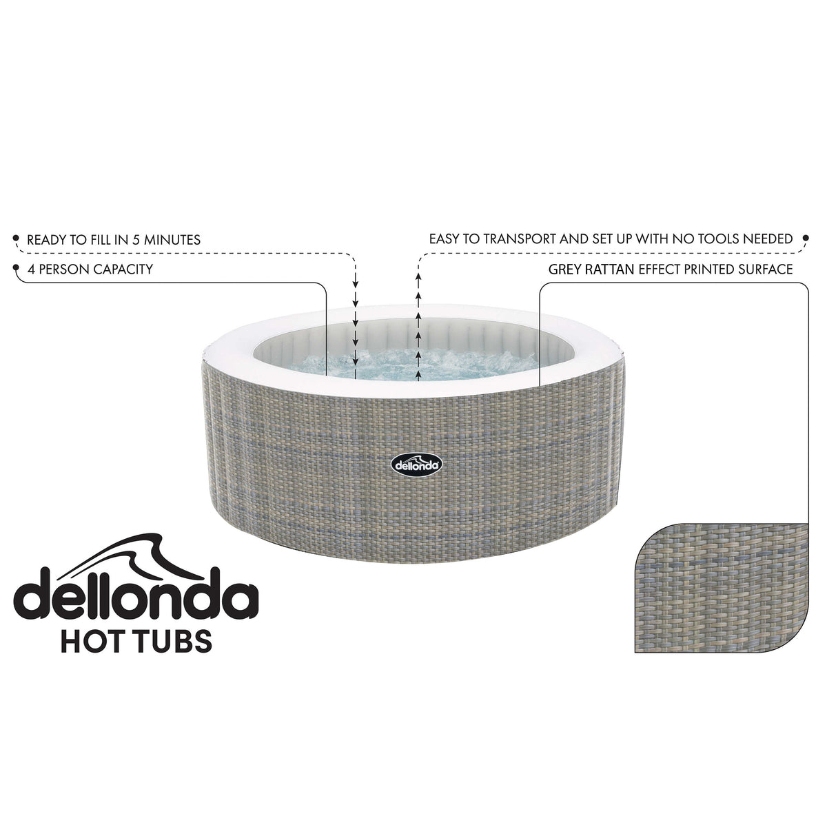 4-6 Person Inflatable Hot Tub Spa Starter Kit with Smart Pump - Rattan Effect - DL101