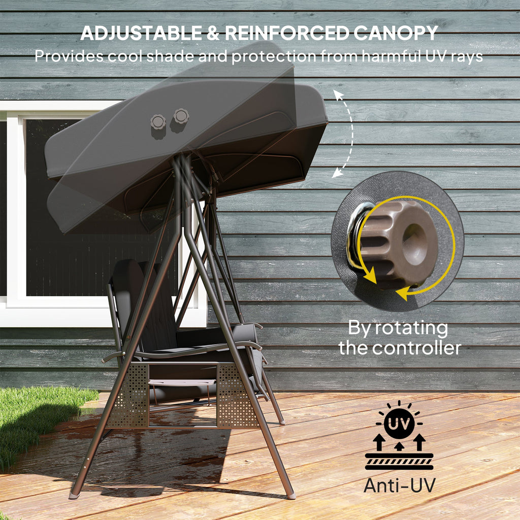 3 Seater Canopy Swing Chair with Cushions & Cup Trays, Dark Grey