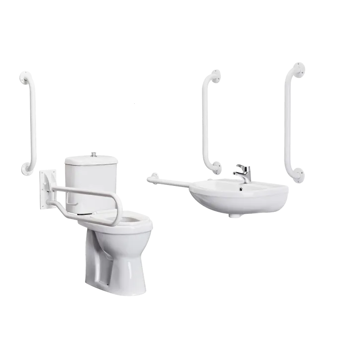 Puro Doc M Pack Close Couped Toilet With 5 x Grab Rails, Mixer Tap & Wall Mounted Basin