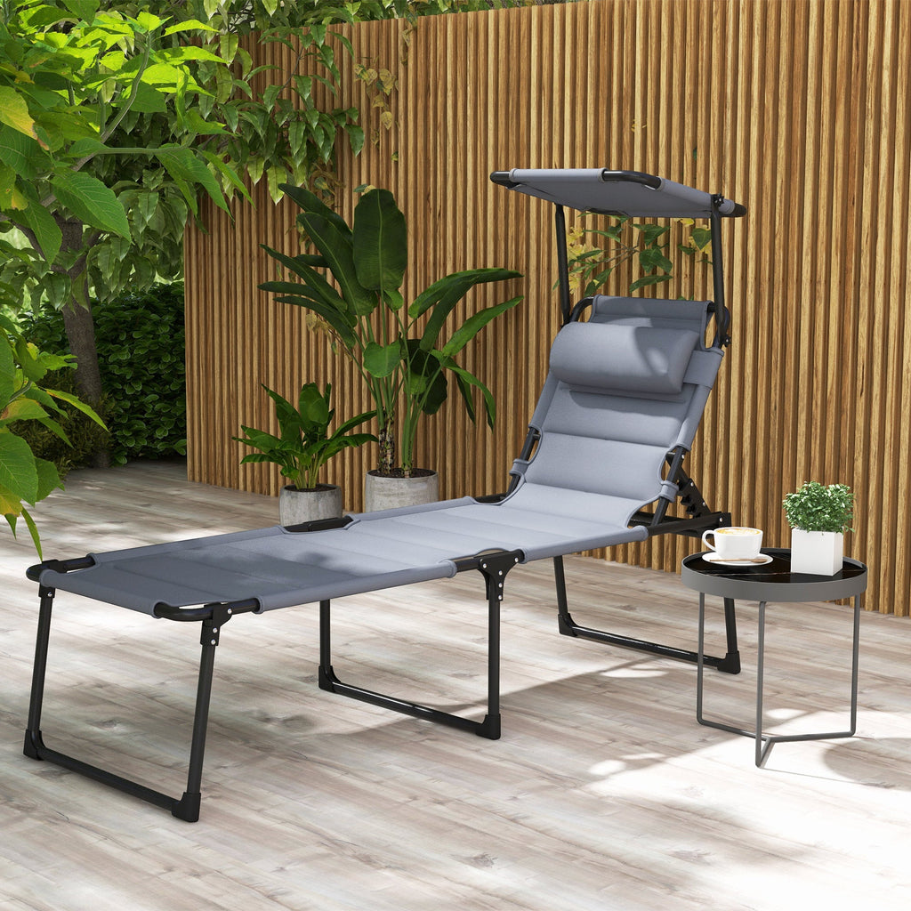 4-Position Adjustable Backrest Folding Lounge Chair with Cushion, Canopy & Pillow, Gray