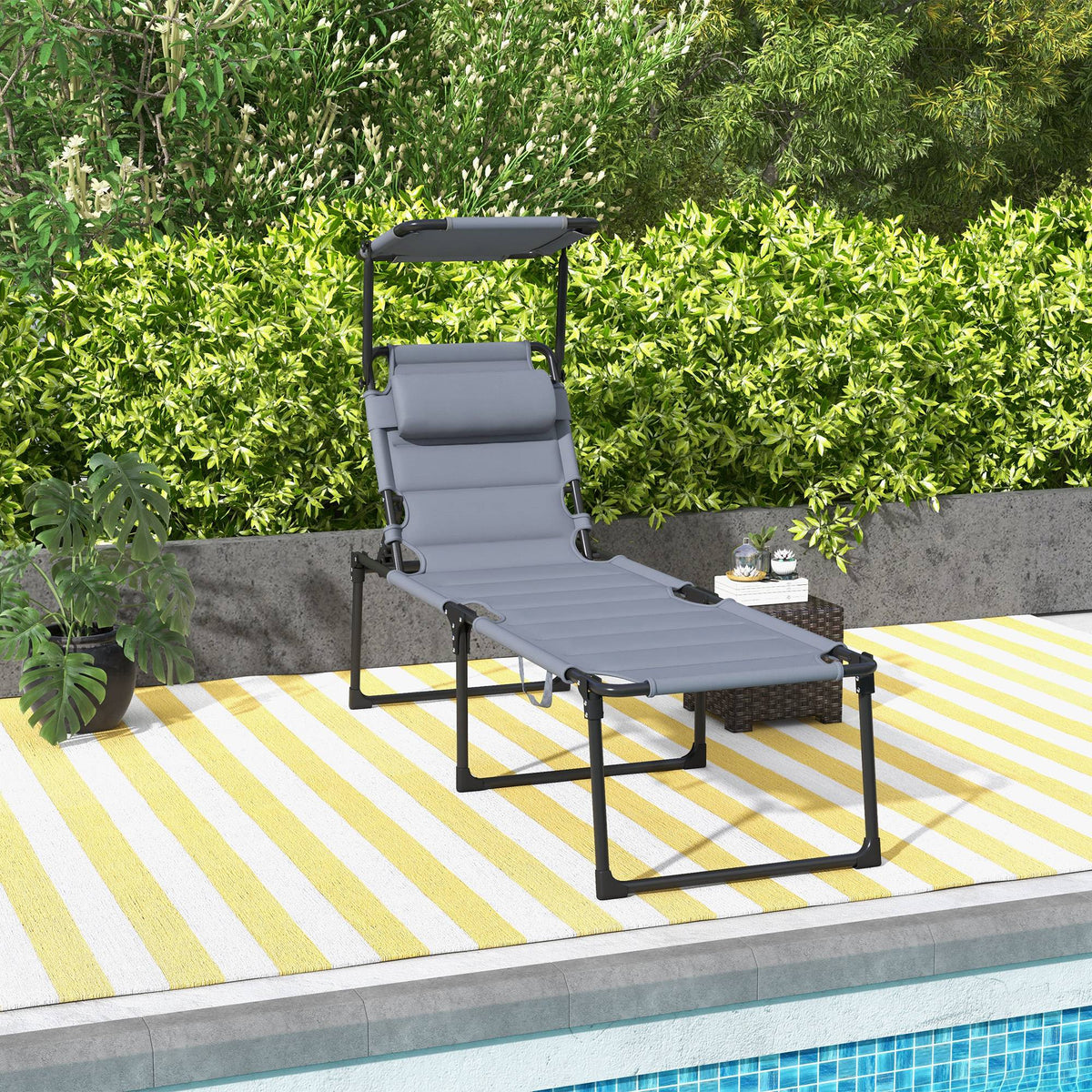 4-Position Adjustable Backrest Folding Lounge Chair with Cushion, Canopy & Pillow, Gray