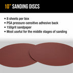 Premium 10" PSA Sanding Discs - 150 Grit (Box of 8) - Sandpaper Discs with Self Adhesive, Fast Cutting Aluminum Oxide, Drywall, Floor, Wood