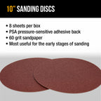 Premium 10" PSA Sanding Discs - 60 Grit (Box of 8) - Sandpaper Discs with Self Adhesive, Fast Cutting Aluminum Oxide, Drywall, Floor, Wood