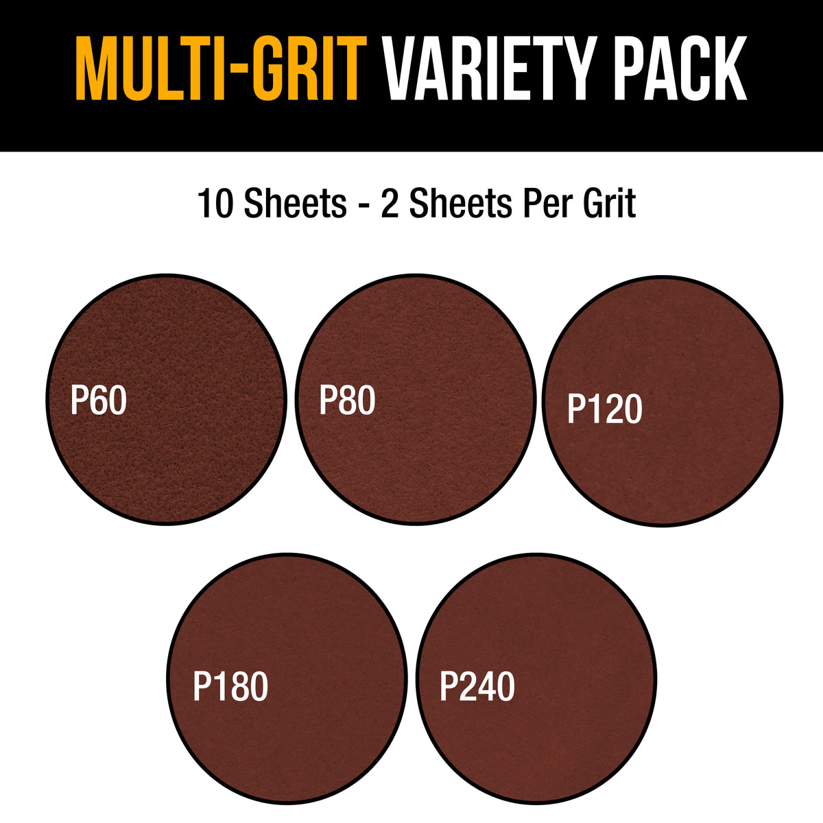 Premium 10" PSA Sanding Disc Variety Pack, 2 Each of 60, 80, 120, 180 & 240 Grit Self Adhesive Aluminum Oxide Sandpaper Drywall, Floor, Wood
