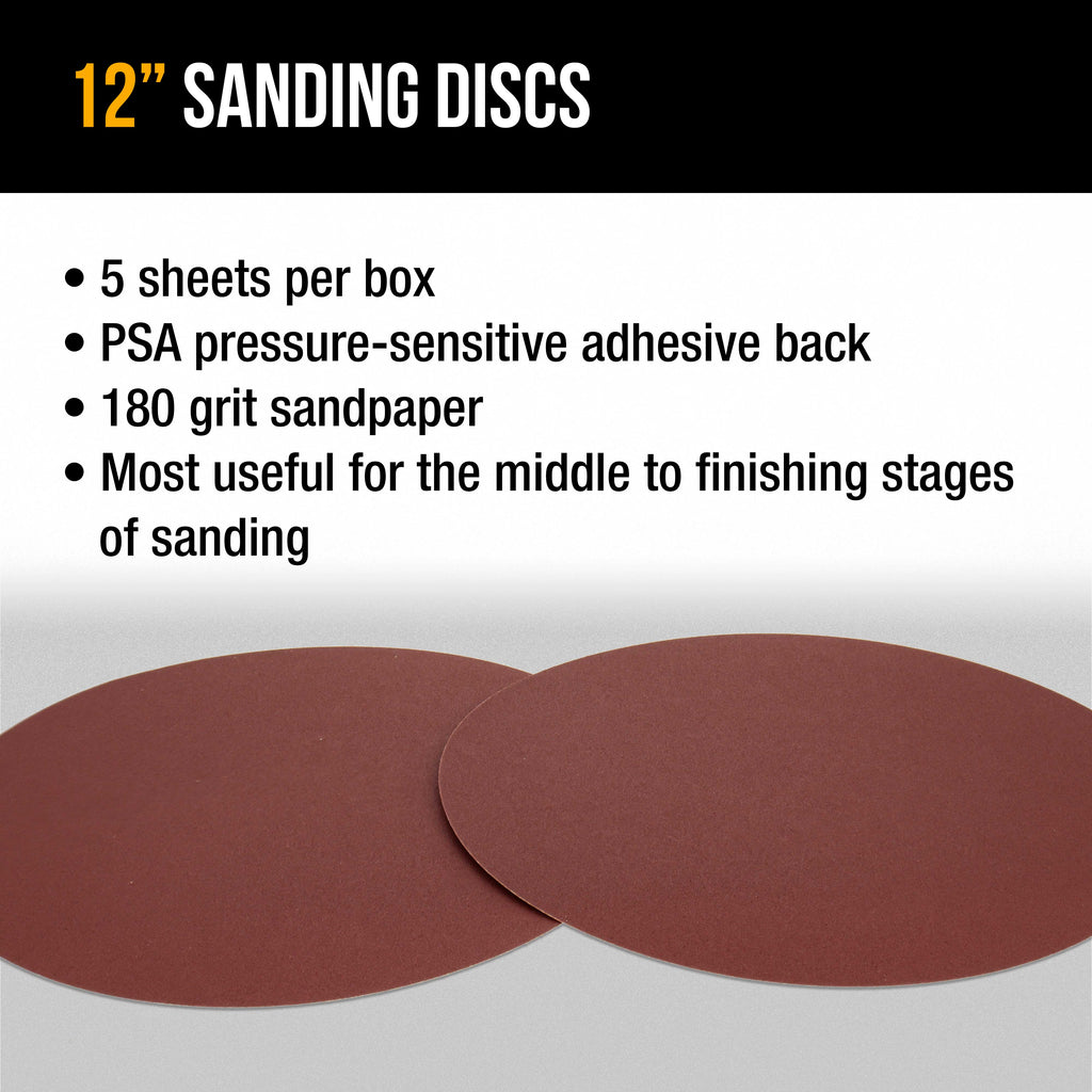 Premium 12" PSA Sanding Discs - 180 Grit (Box of 5) - Sandpaper Discs with Self Adhesive, Fast Cutting Aluminum Oxide, Drywall, Floor, Wood