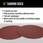 Premium 12" PSA Sanding Discs - 180 Grit (Box of 5) - Sandpaper Discs with Self Adhesive, Fast Cutting Aluminum Oxide, Drywall, Floor, Wood