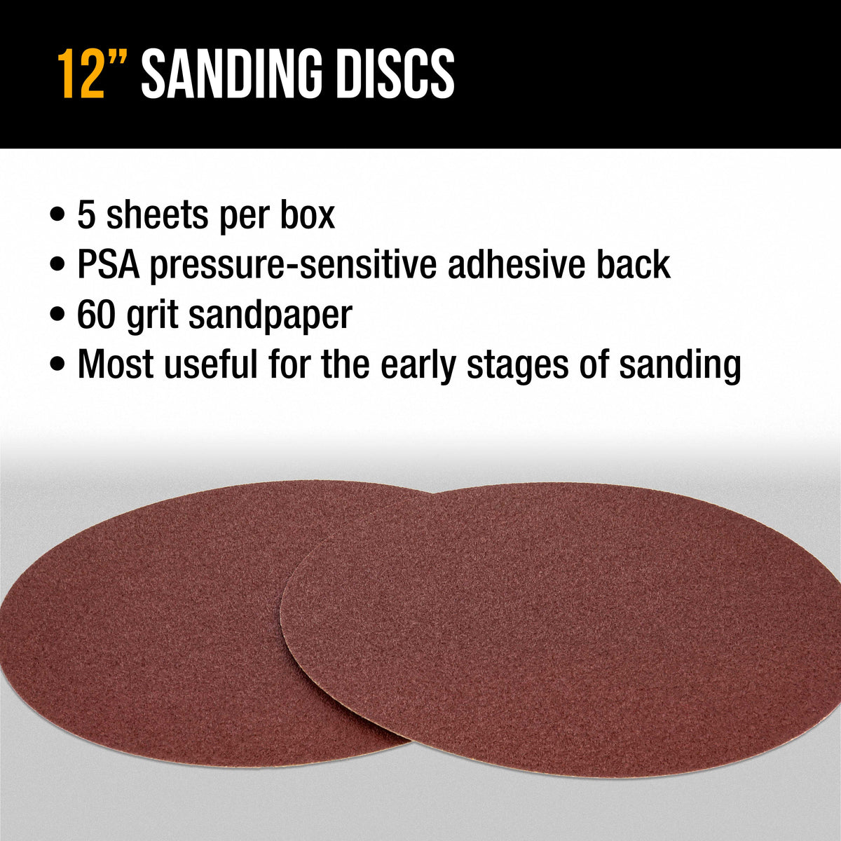 Premium 12" PSA Sanding Discs - 60 Grit (Box of 5) - Sandpaper Discs with Self Adhesive, Fast Cutting Aluminum Oxide, Drywall, Floor, Wood
