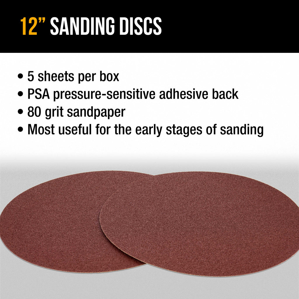 Premium 12" PSA Sanding Discs - 80 Grit (Box of 5) - Sandpaper Discs with Self Adhesive, Fast Cutting Aluminum Oxide, Drywall, Floor, Wood