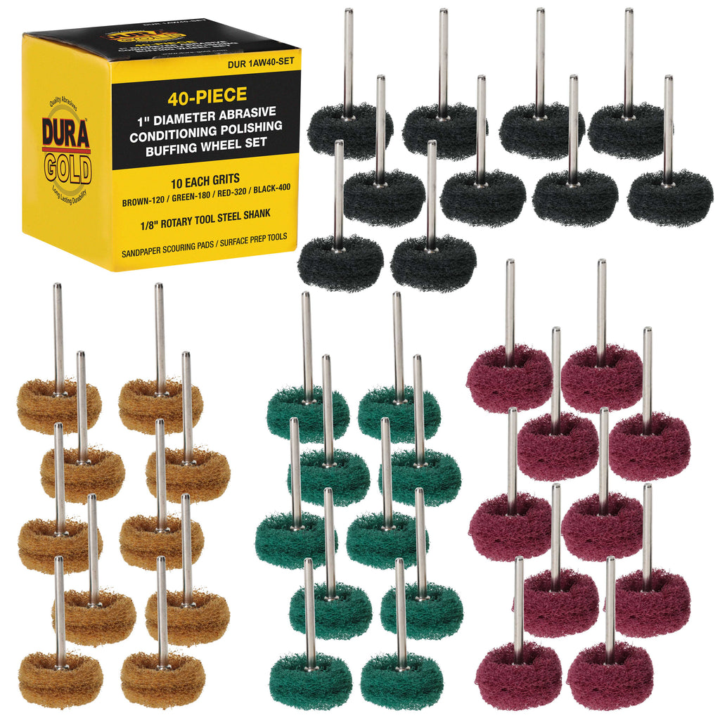 40-Piece 1" Abrasive Conditioning Polishing Buffing Wheel Set - 10 Each Grits 120, 180, 320, 400 with 1/8" Rotary Tool Shank - Remove Rust