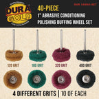 40-Piece 1" Abrasive Conditioning Polishing Buffing Wheel Set - 10 Each Grits 120, 180, 320, 400 with 1/8" Rotary Tool Shank - Remove Rust
