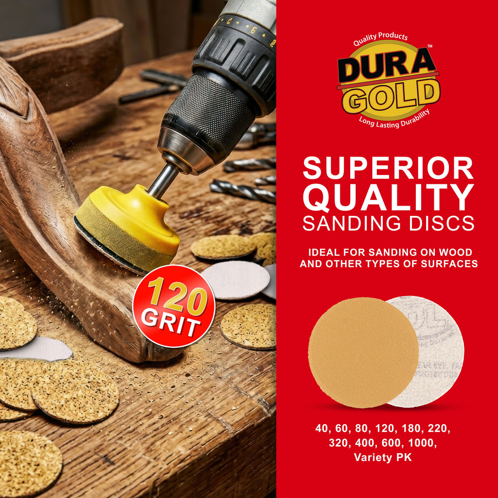 Premium - 120 Grit 1" Gold Hook & Loop Sanding Discs for DA Sanders - Box of 100 Sandpaper Finishing Discs for Automotive and Woodworking