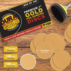 Premium - 180 Grit 1" Gold Hook & Loop Sanding Discs for DA Sanders - Box of 100 Sandpaper Finishing Discs for Automotive and Woodworking