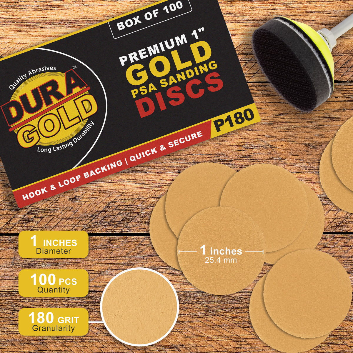 Premium - 180 Grit 1" Gold Hook & Loop Sanding Discs for DA Sanders - Box of 100 Sandpaper Finishing Discs for Automotive and Woodworking