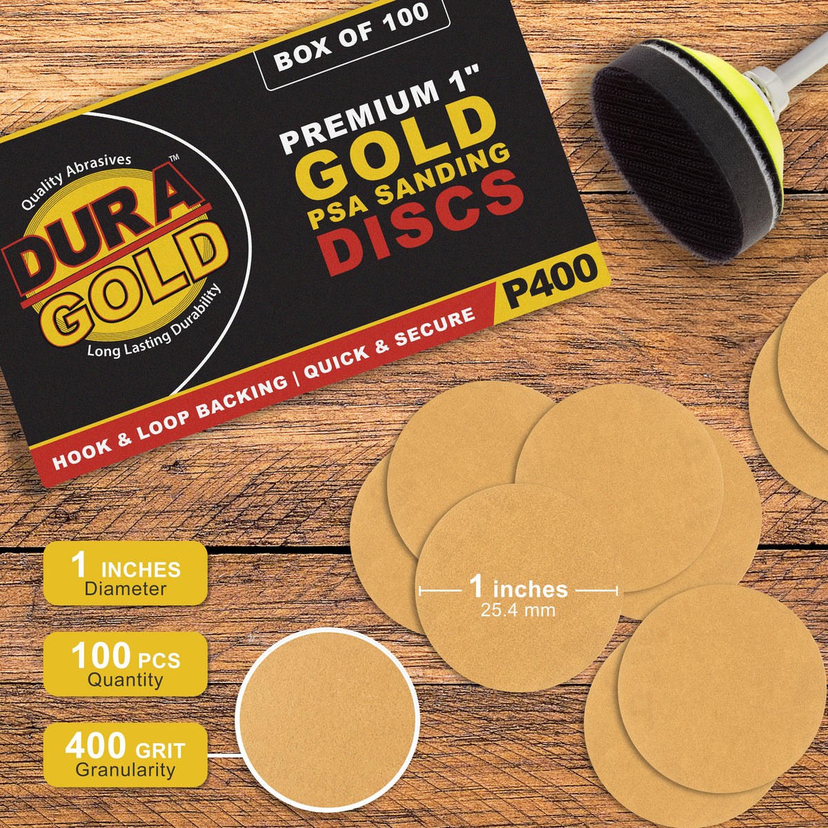 Premium - 400 Grit 1" Gold Hook & Loop Sanding Discs for DA Sanders - Box of 100 Sandpaper Finishing Discs for Automotive and Woodworking