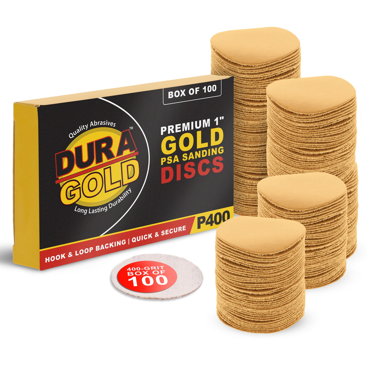 Premium - 400 Grit 1" Gold Hook & Loop Sanding Discs for DA Sanders - Box of 100 Sandpaper Finishing Discs for Automotive and Woodworking