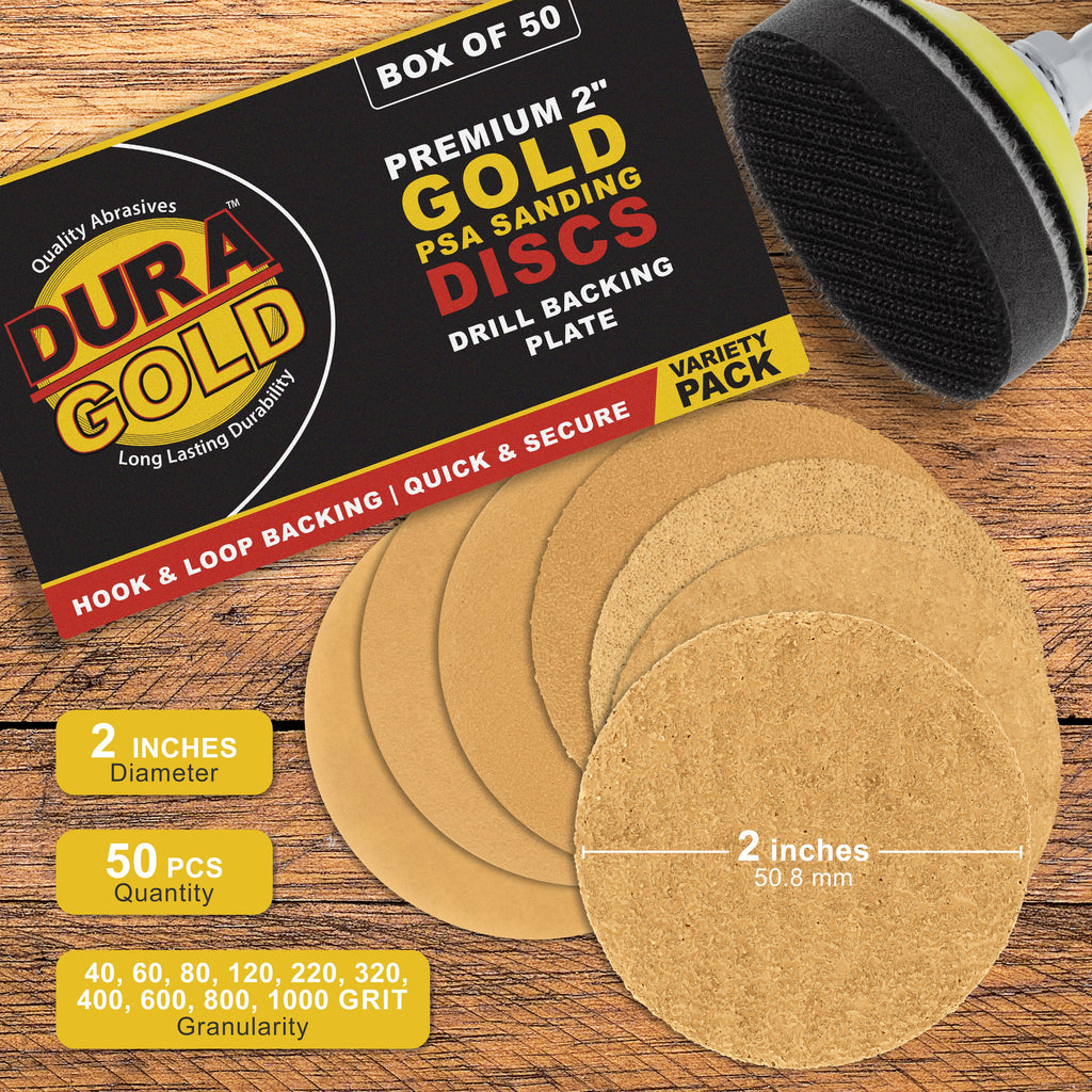 Variety Grit Pack - 2" Gold Hook & Loop Sanding Discs for DA Sanders - Box of 50