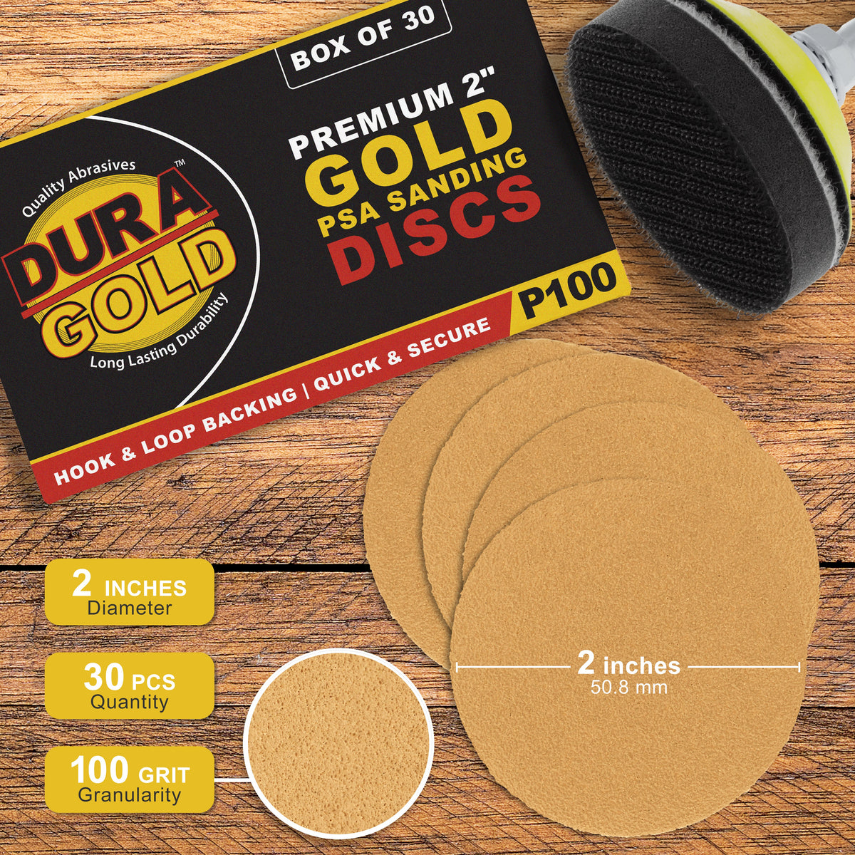 100 Grit - 2" Gold Hook & Loop Sanding Discs for DA Sanders - Box of 30
