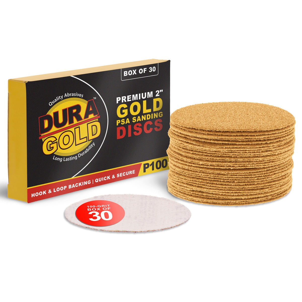 100 Grit - 2" Gold Hook & Loop Sanding Discs for DA Sanders - Box of 30