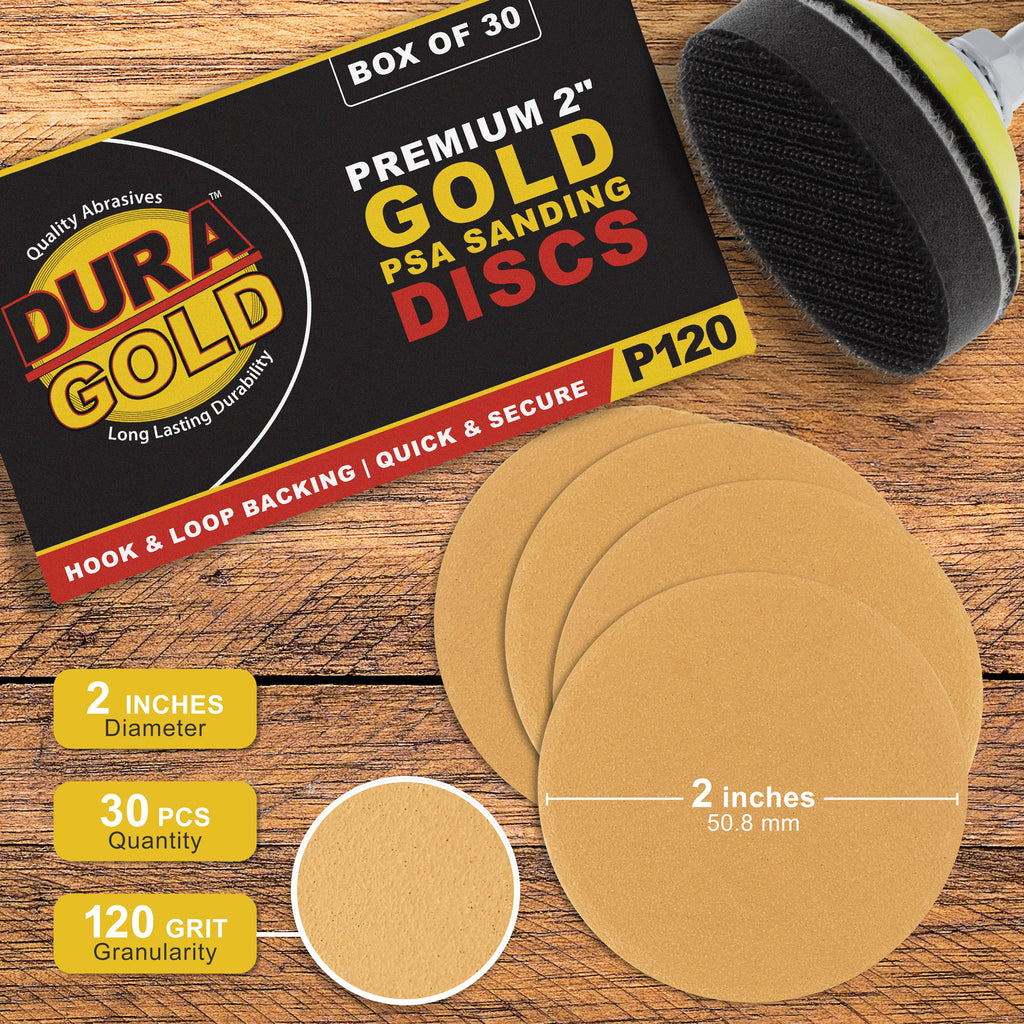 120 Grit - 2" Gold Hook & Loop Sanding Discs for DA Sanders - Box of 30