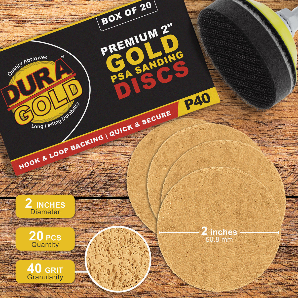 40 Grit - 2" Gold Hook & Loop Sanding Discs for DA Sanders - Box of 20