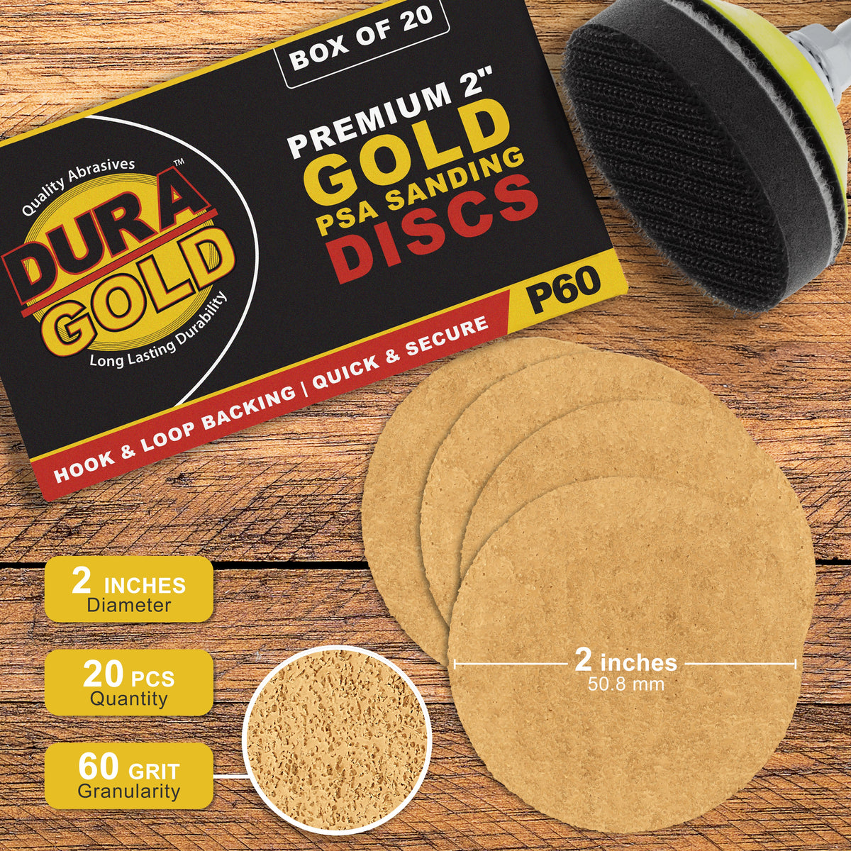 60 Grit - 2" Gold Hook & Loop Sanding Discs for DA Sanders - Box of 20
