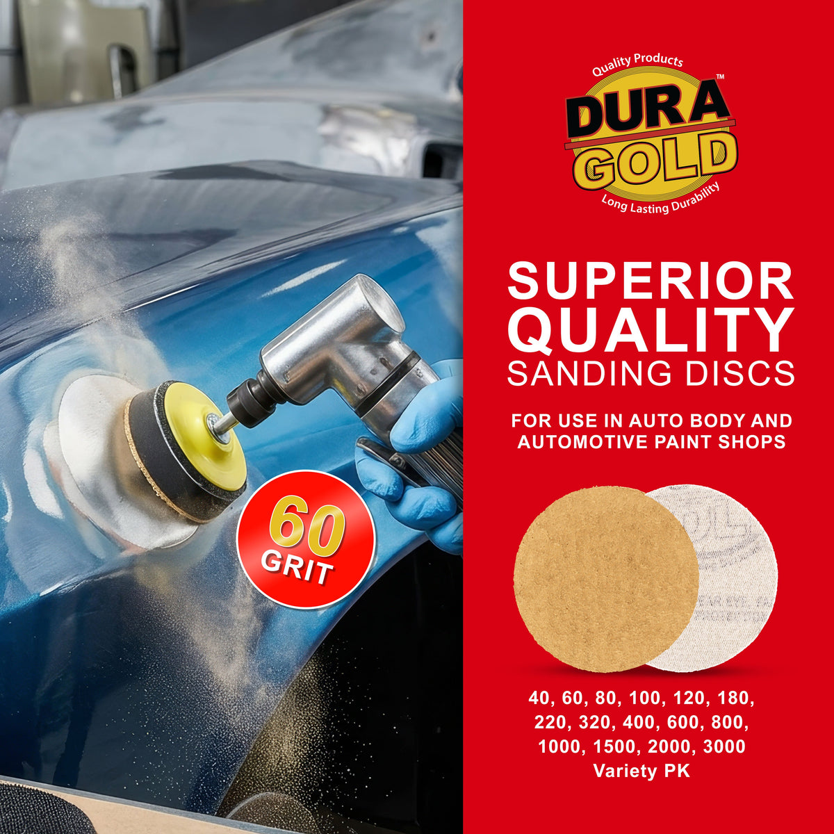 60 Grit - 2" Gold Hook & Loop Sanding Discs for DA Sanders - Box of 20