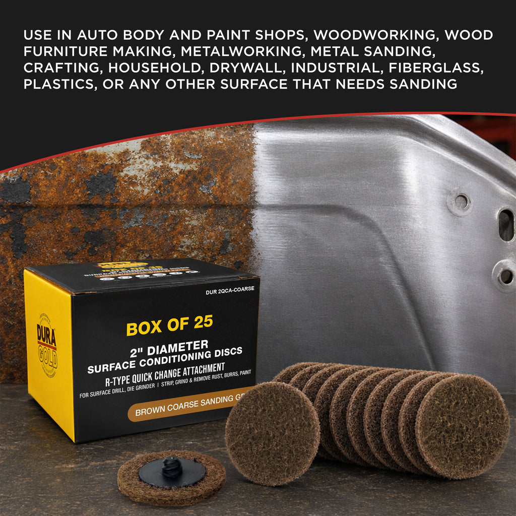 2" Diameter Surface Conditioning Discs Brown Coarse Sanding Grit (Box of 25) - R-Type Quick Change Connection - Surface Drill, Die Grinder, Strip, Grind & Remove Rust, Burrs, Paint