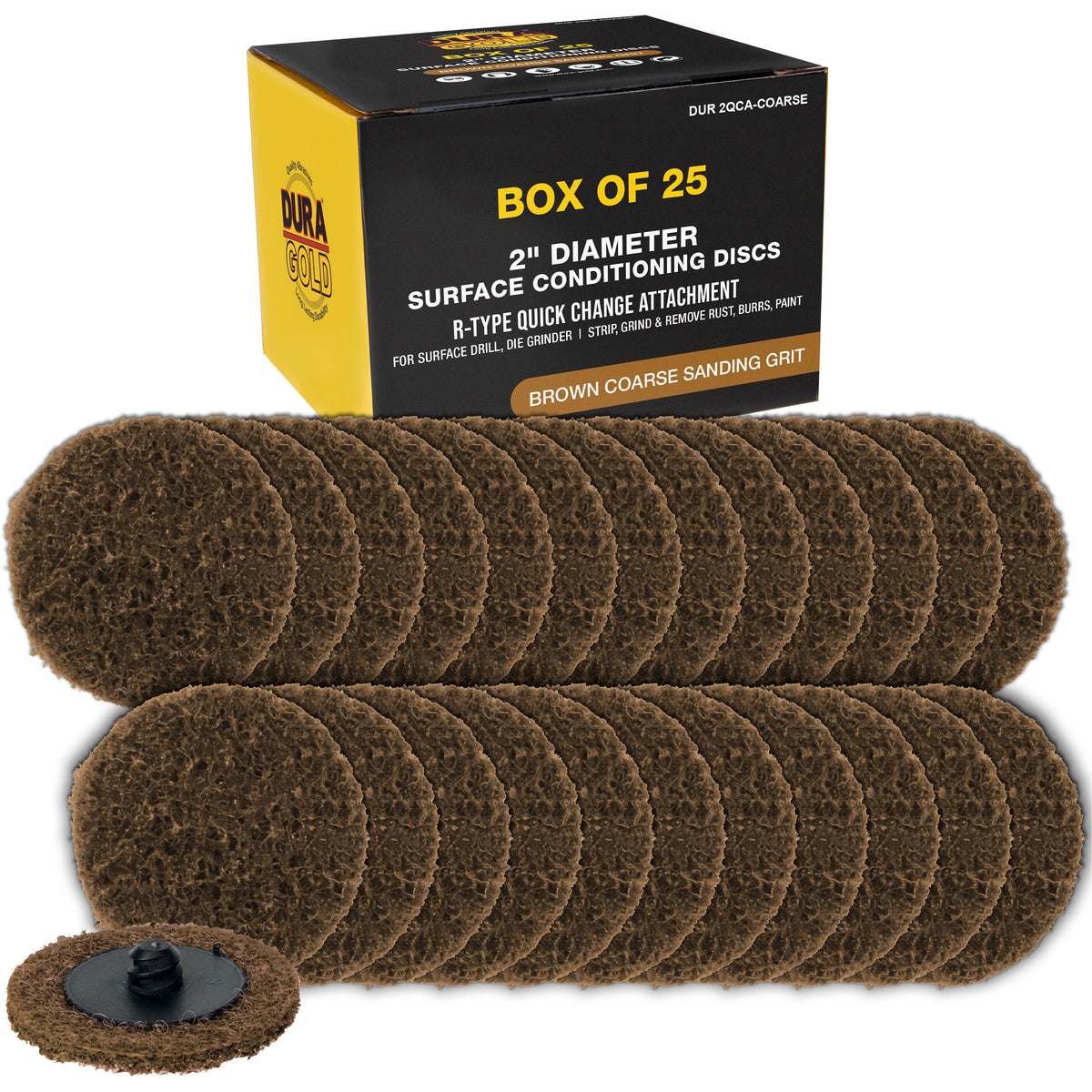 2" Diameter Surface Conditioning Discs Brown Coarse Sanding Grit (Box of 25) - R-Type Quick Change Connection - Surface Drill, Die Grinder, Strip, Grind & Remove Rust, Burrs, Paint