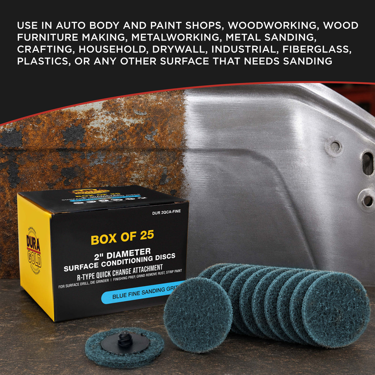 2" Diameter Surface Conditioning Discs Blue Fine Sanding Grit (Box of 25) - R-Type Quick Change Connection - Finishing Prep, Grind Remove Rust, Strip Paint - For Drill, Die Grinder