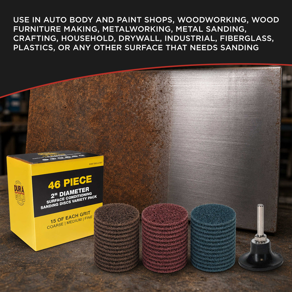 46-Piece 2" Diameter Surface Conditioning Sanding Discs Variety Pack - 15 Each Coarse, Medium, Fine Grit Discs, R-Type Quick Change Connection, 1/4" Drill Shank Backing Pad
