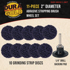 11-Piece 2" Diameter Abrasive Stripping Brush Wheel Set - 10 Each Quick Change Grinding Strip Discs, 1/4" Drill Shank Backing Pad - Remove Rust, Welds, Burrs, Paint
