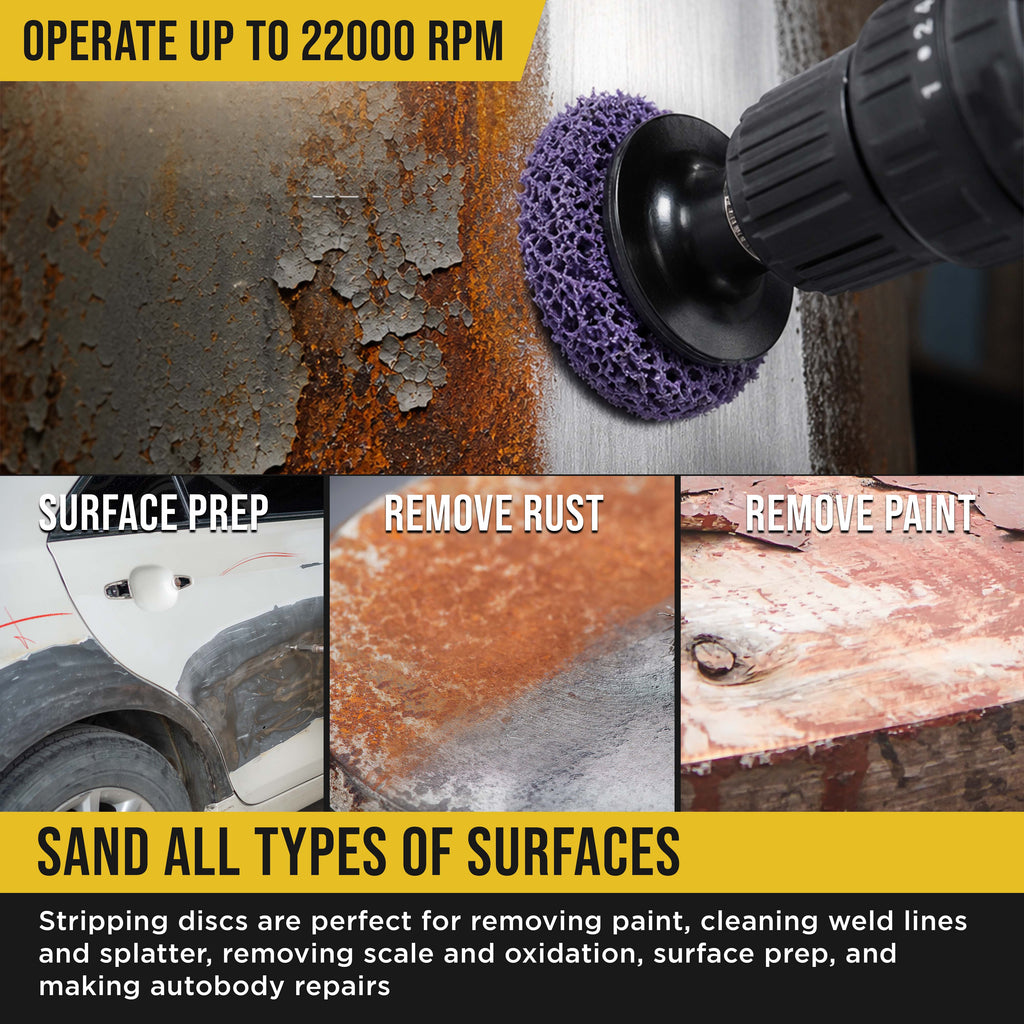 11-Piece 2" Diameter Abrasive Stripping Brush Wheel Set - 10 Each Quick Change Grinding Strip Discs, 1/4" Drill Shank Backing Pad - Remove Rust, Welds, Burrs, Paint