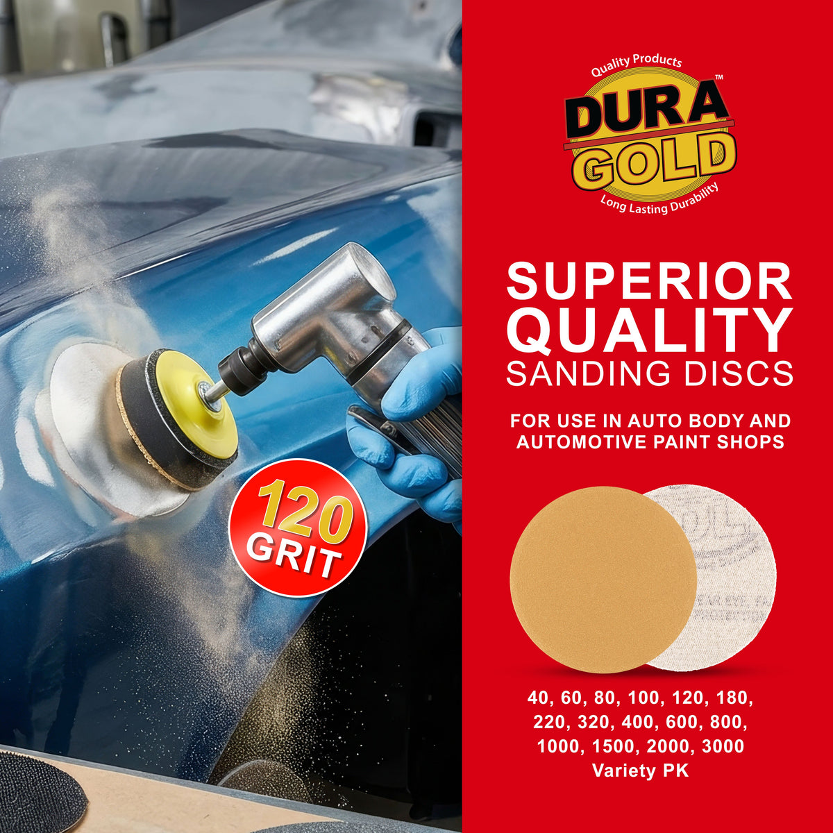 120 Grit - 3" Gold Hook & Loop Sanding Discs for DA Sanders - Box of 30