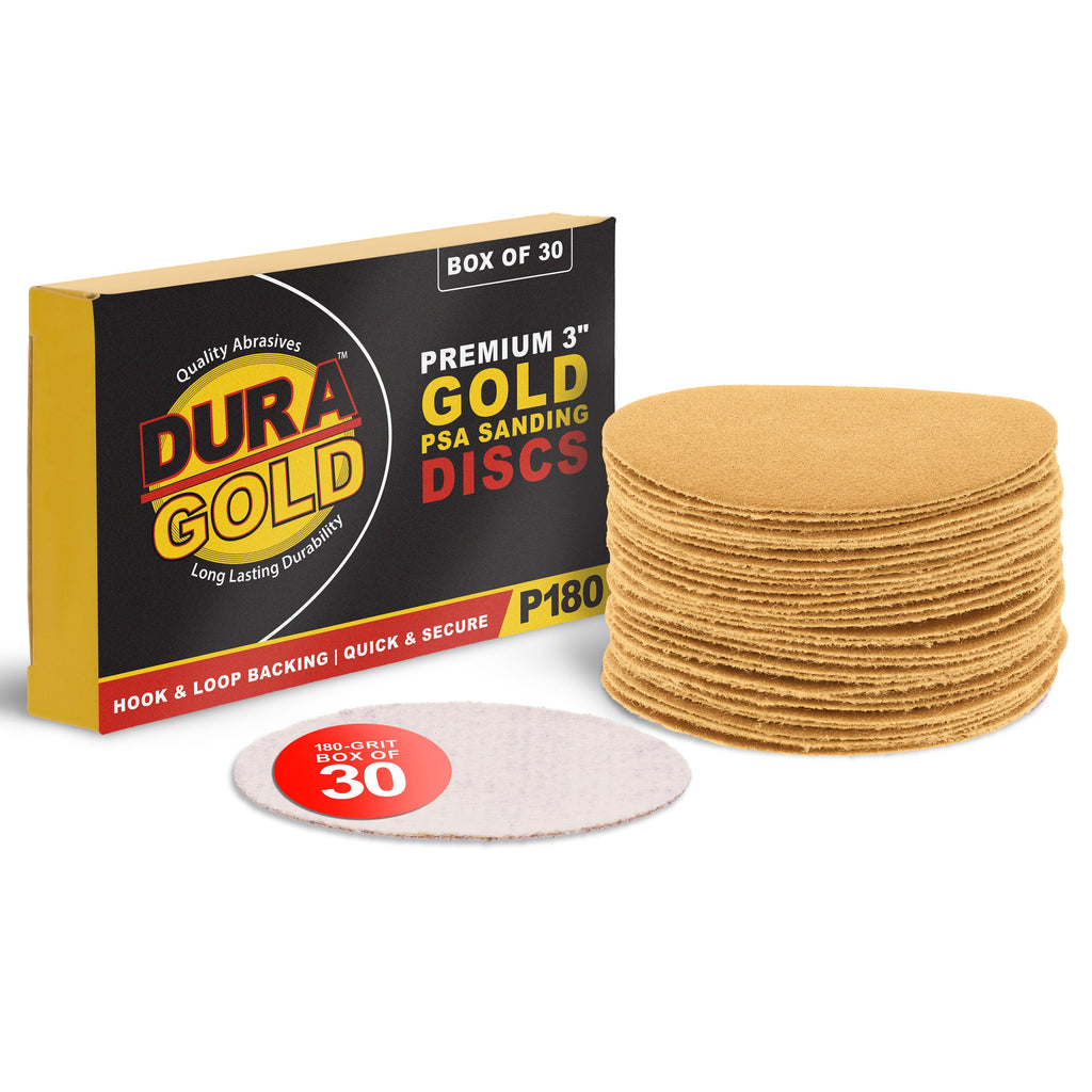 180 Grit - 3" Gold Hook & Loop Sanding Discs for DA Sanders - Box of 30
