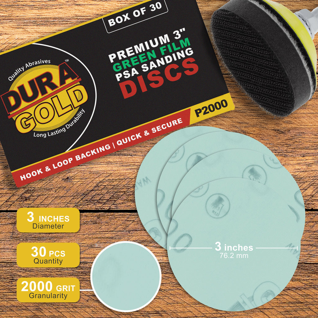 2000 Grit - 3" Gold Hook & Loop Sanding Discs for DA Sanders - Box of 30