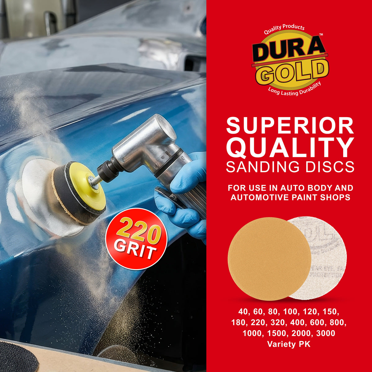 220 Grit - 3" Gold Hook & Loop Sanding Discs for DA Sanders - Box of 30