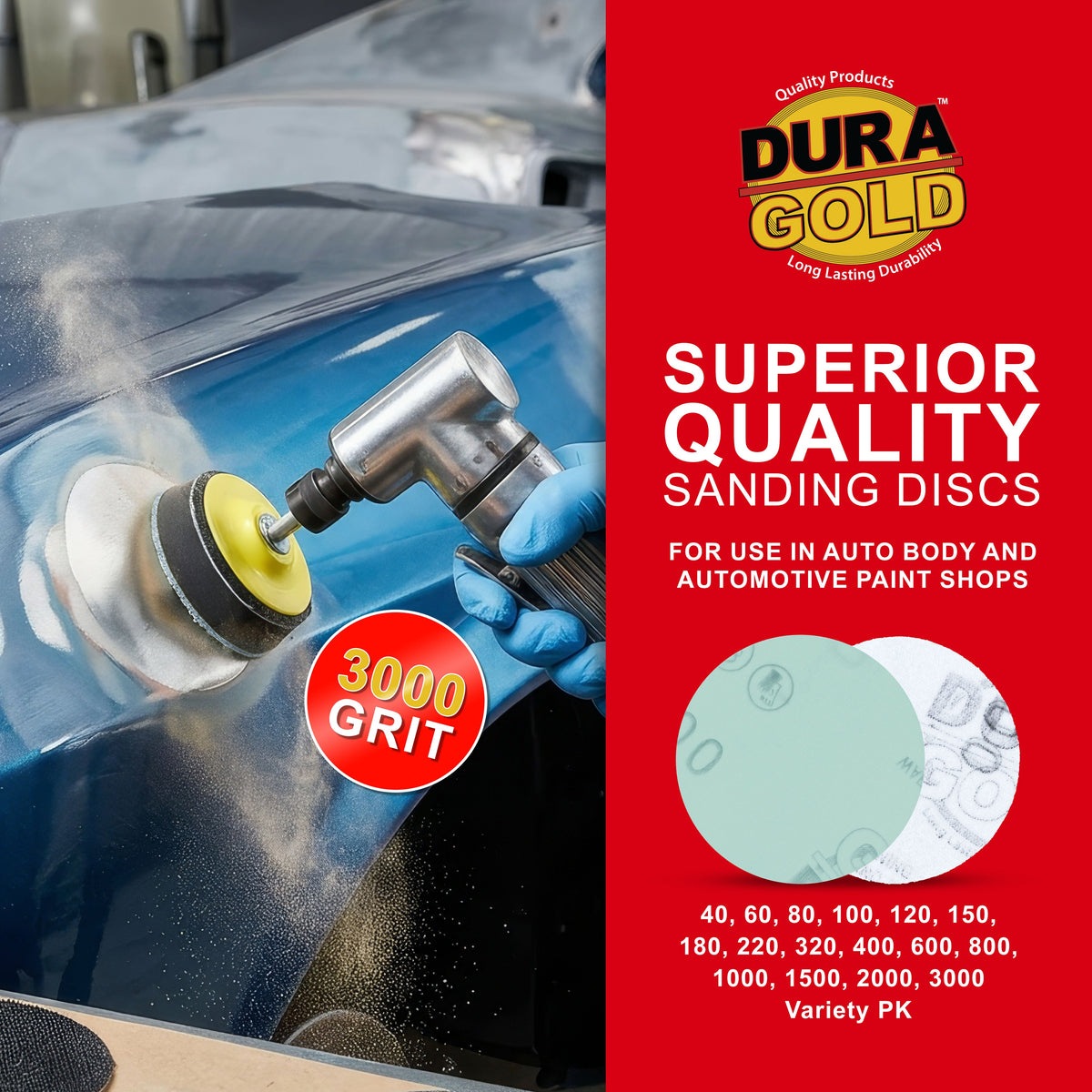 - Premium - 3000 Grit 3" Green Film Hook & Loop Sanding Discs for DA Sanders - Box of 30
