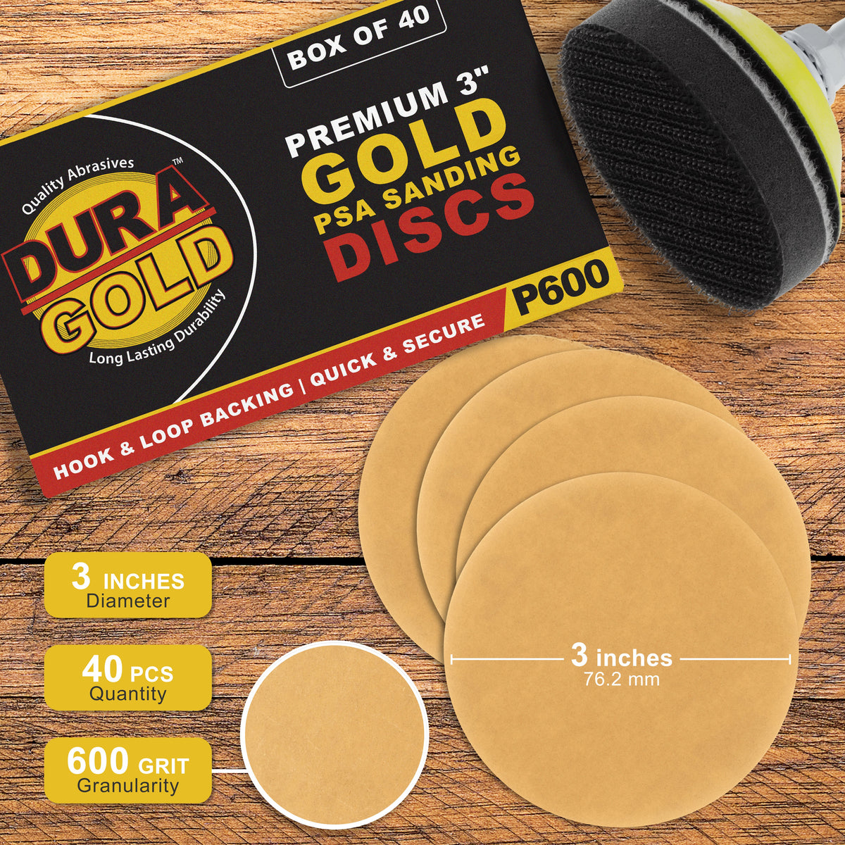 600 Grit - 3" Gold Hook & Loop Sanding Discs for DA Sanders - Box of 40