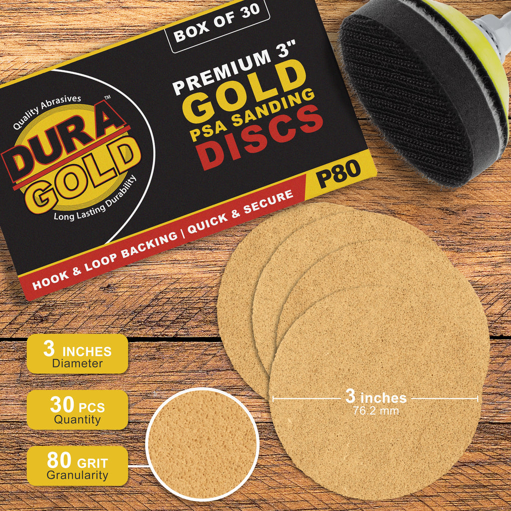 80 Grit - 3" Gold Hook & Loop Sanding Discs for DA Sanders - Box of 30