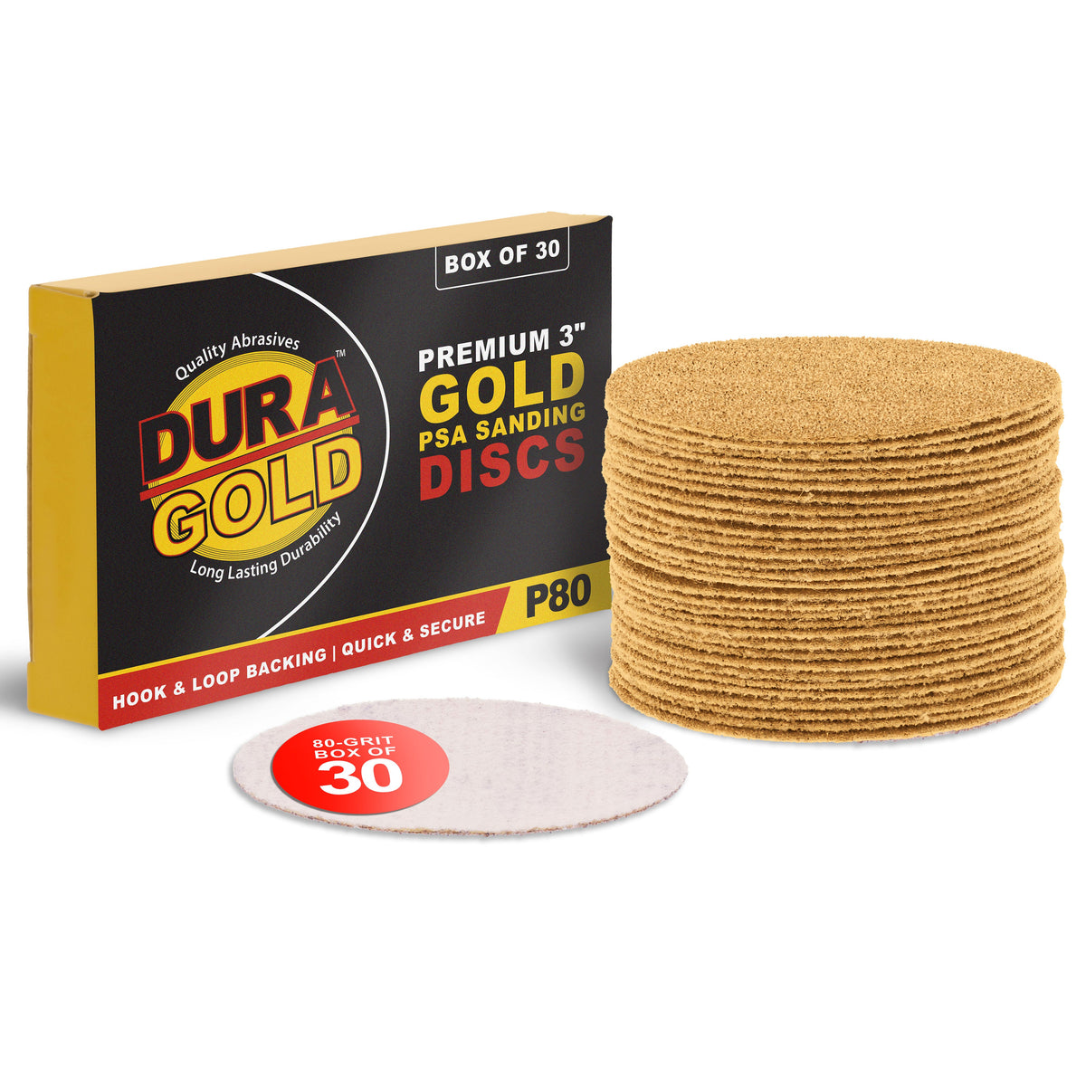 80 Grit - 3" Gold Hook & Loop Sanding Discs for DA Sanders - Box of 30