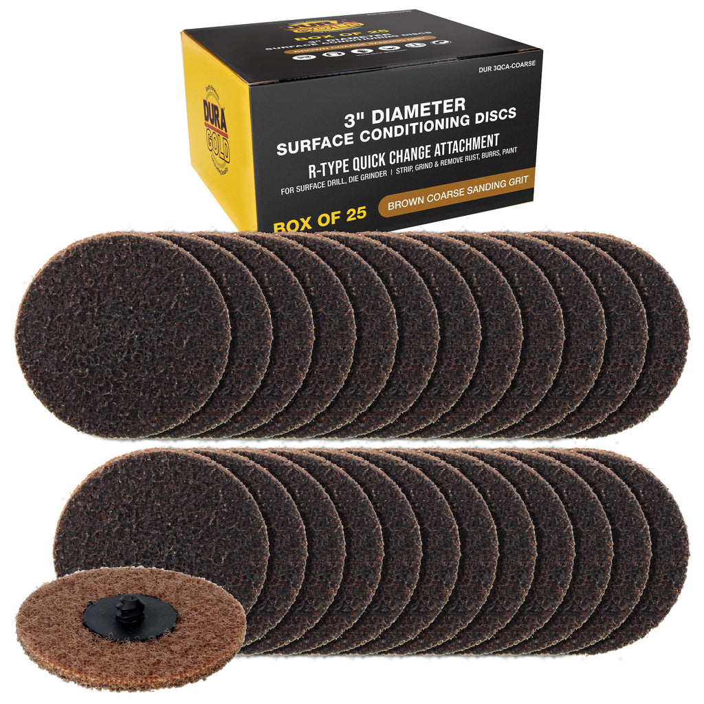 3" Diameter Surface Conditioning Discs Brown Coarse Sanding Grit (Box of 25) - R-Type Quick Change - Surface Drill, Die Grinder, Strip, Grind & Remove Rust, Burrs, Paint